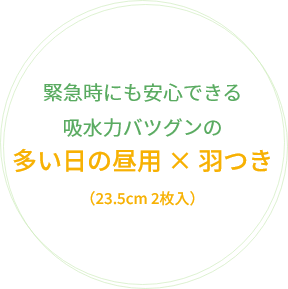 緊急時にも安心できる吸水力バツグンの多い日の昼用×羽つき（23.5cm 2枚入）